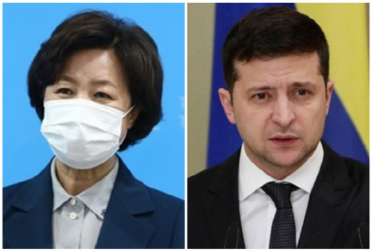 추미애(왼쪽) 전 법무부 장관과 볼로디미르 젤렌스키 우크라이나 대통령. <연합뉴스>